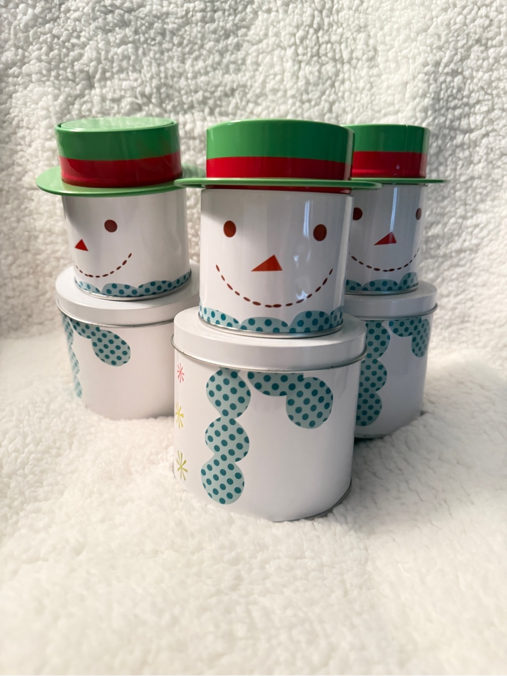 Festive Snowman Tin Canister Set - White and Green